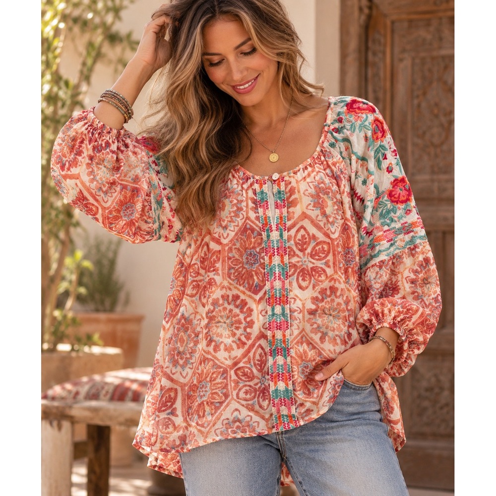 Sundance Embroidered Boho Peasant Blouse Floral Geometric Print Top L